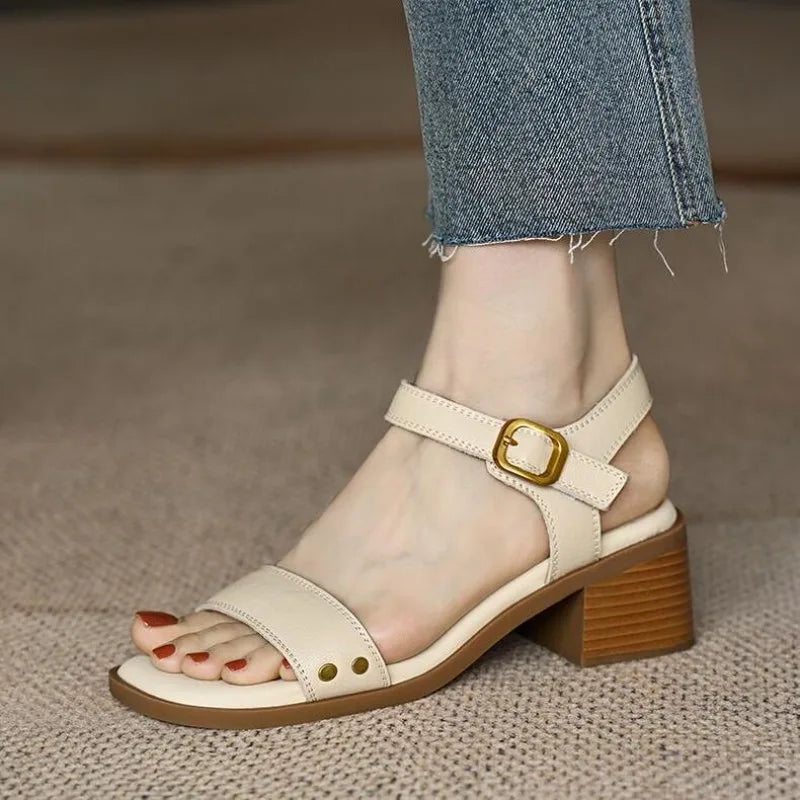 Brown Sandals - Summer Leather Thick Heel Vintage Shoes