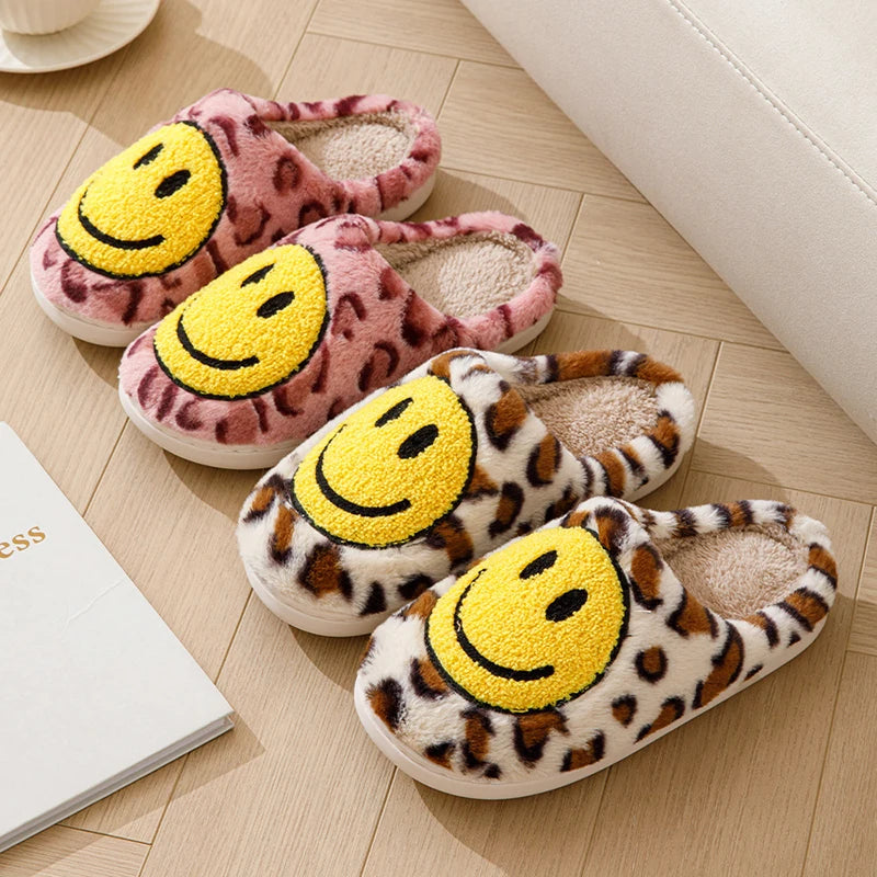 Smiley Face Slippers - Leopard Fluffy Slides for Home
