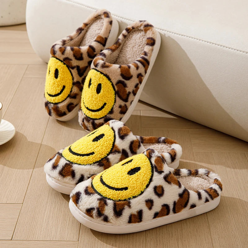 Smiley Face Slippers - Leopard Fluffy Slides for Home