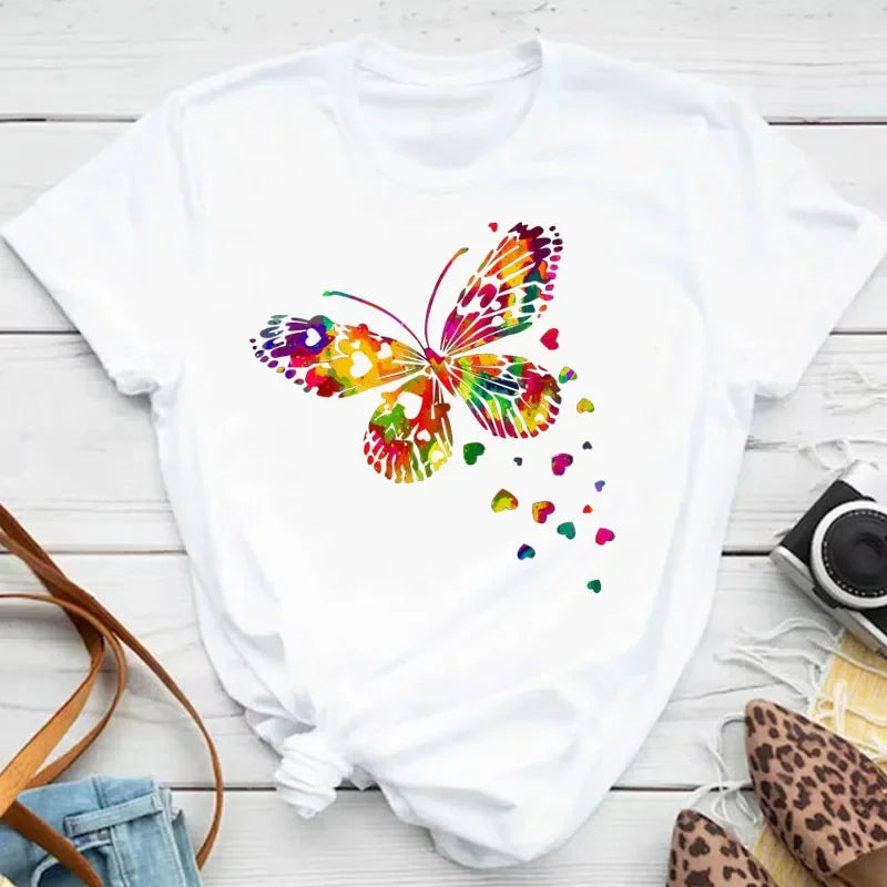 Women's Colorful Butterfly Petal Print T-Shirt, Short Sleeve