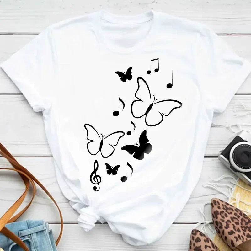 Women's Colorful Butterfly Petal Print T-Shirt, Short Sleeve