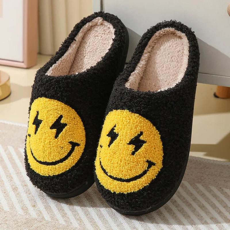 Smiley Face Slippers - Leopard Print Home Plush Slides