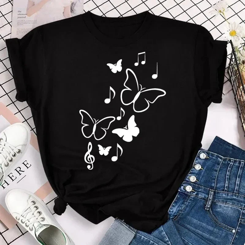 Women's Colorful Butterfly Petal Print T-Shirt, Short Sleeve