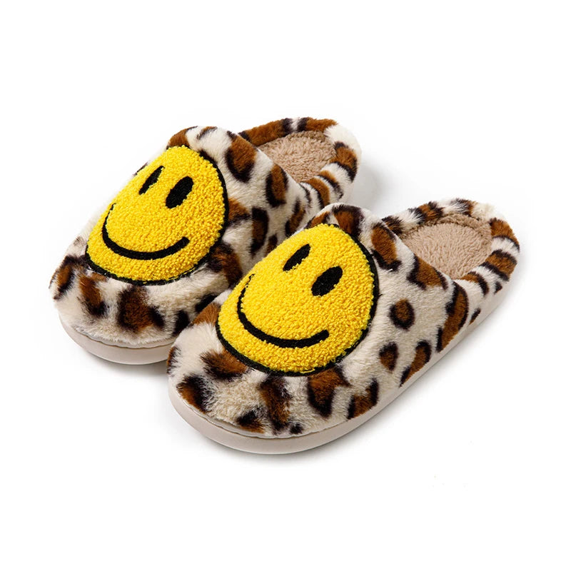 Smiley Face Slippers - Leopard Fluffy Slides for Home