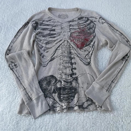 2000s Y2k Women Tops Harajuku Retro Gothic Skeleton Graphic Printed T shirt Hip Hop Tee shirt Aesthetic Long Sleeved Streetwear