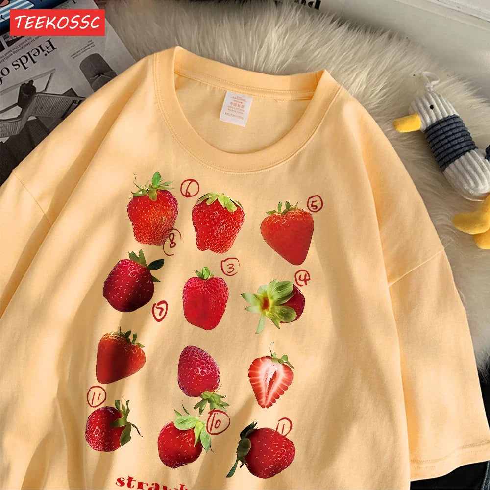 100% Cotton Women T-shirt Cute Fresh Strawberries Printed Tee Shirt