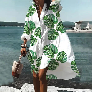 Plus Size Women's Long Sleeve Shirts Dress New Leaf 3d Printed Shirt Dress Elegant Leisure Lapel Collar Shirts Summer Vestidos - Chicmei