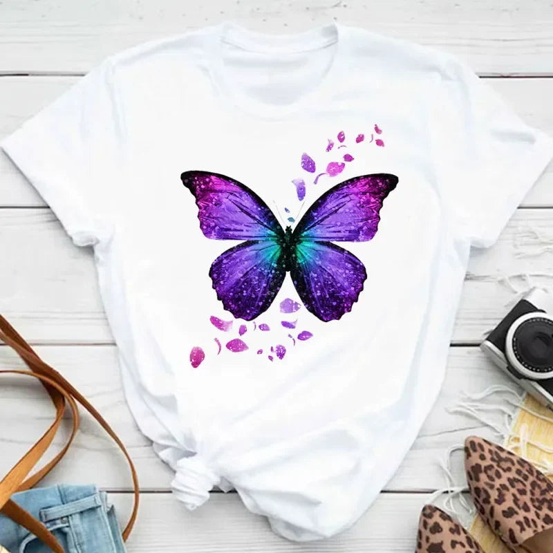 Women's Colorful Butterfly Petal Print T-Shirt, Short Sleeve