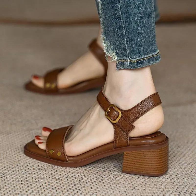 Brown Sandals - Summer Leather Thick Heel Vintage Shoes