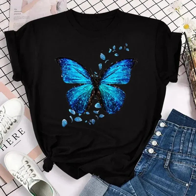 Colorful Butterfly Petal Print Short Sleeve Cute Graphic Tee Shirts