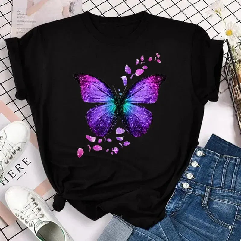 Colorful Butterfly Petal Print Short Sleeve Cute Graphic Tee Shirts
