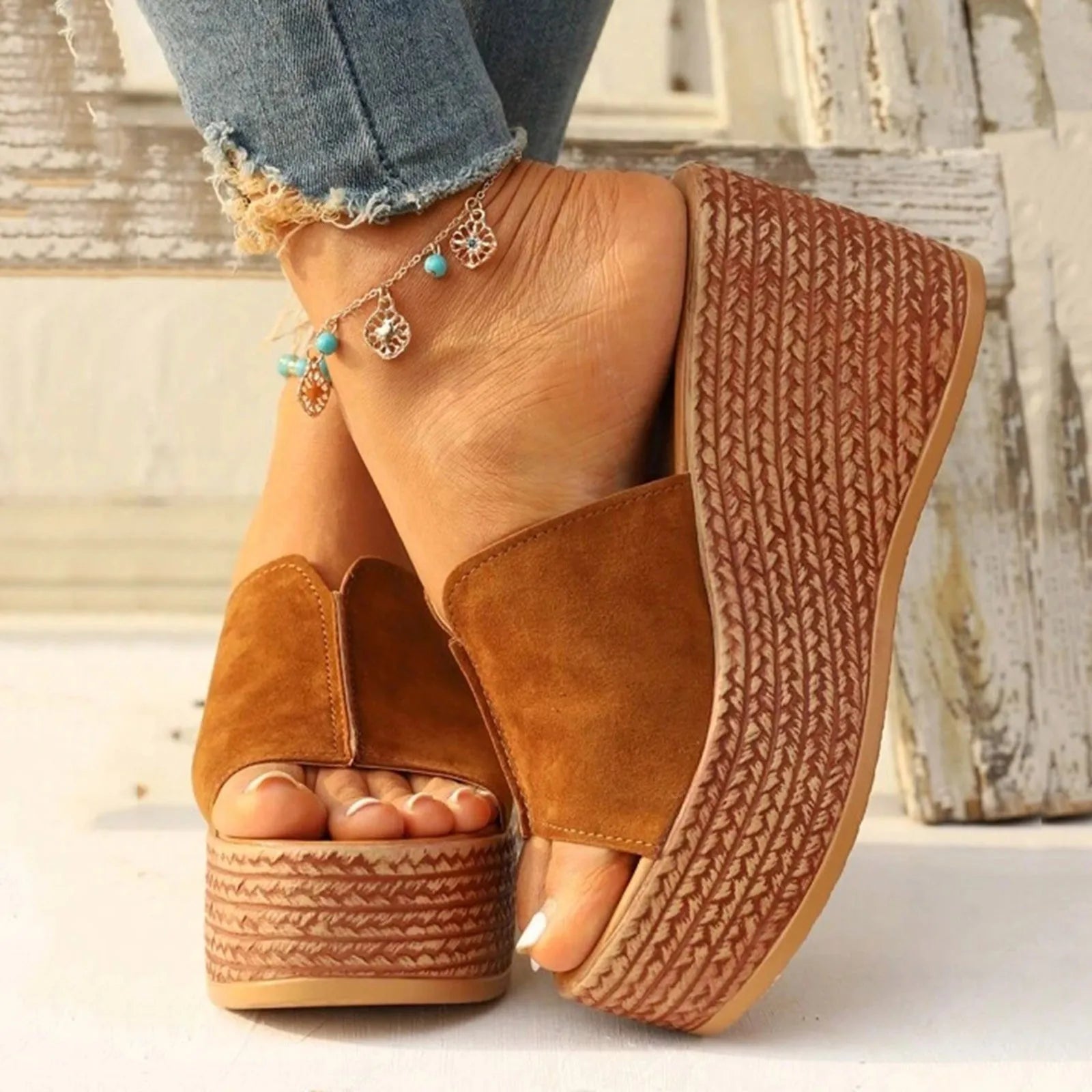 Brown Sandals - Thick Heels Vacation Wedge Heels Shoes