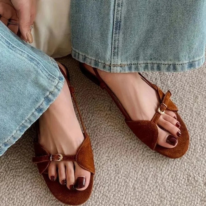 Brown Sandals - Open Toe Hollow Belt Buckle Flats