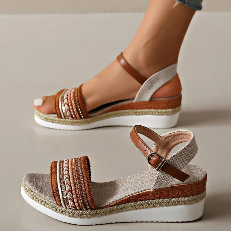 Brown Sandals - Vintage Fringe Platform Sandals for Women
