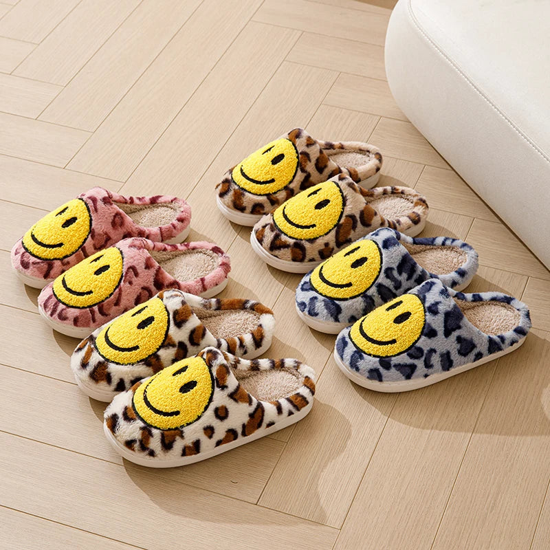 Smiley Face Slippers - Leopard Fluffy Slides for Home