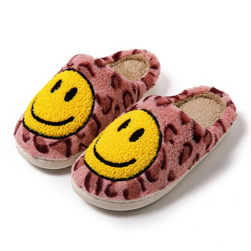 Smiley Face Slippers - Leopard Fluffy Slides for Home