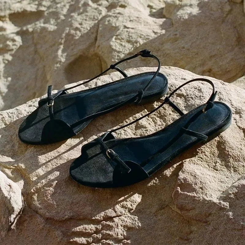 Brown Sandals - Open Toe Hollow Belt Buckle Flats
