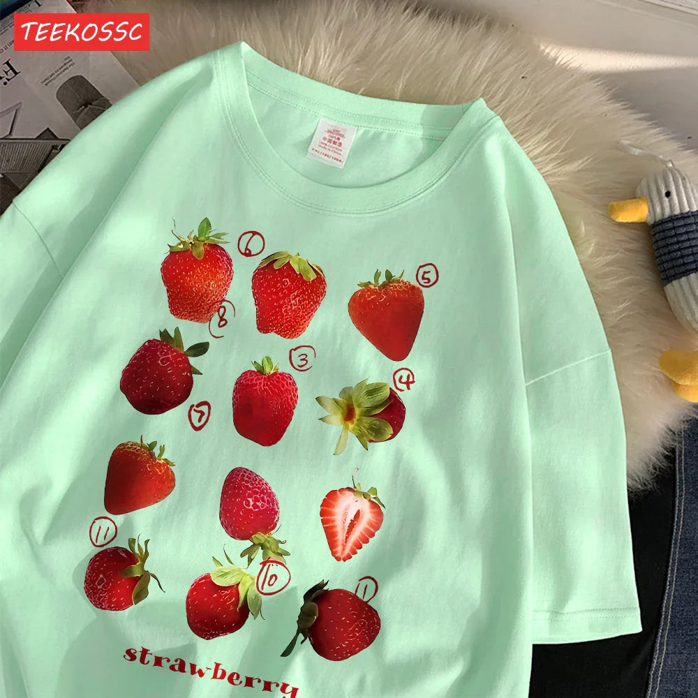 100% Cotton Women T-shirt Cute Fresh Strawberries Printed Tee Shirt